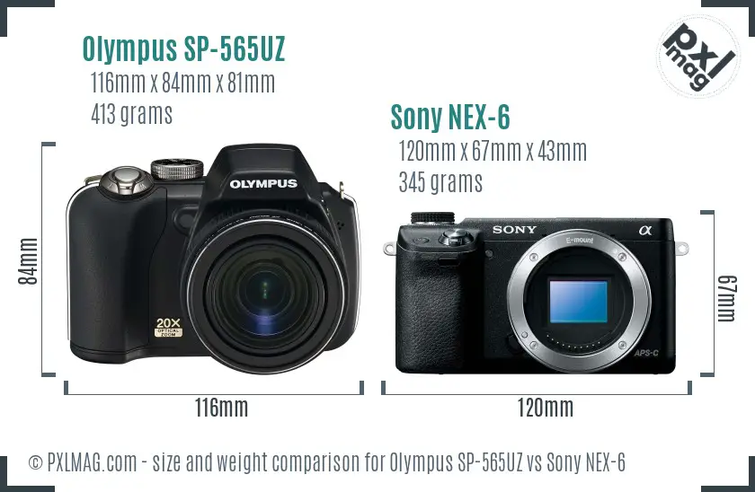 Olympus SP-565UZ vs Sony NEX-6 size comparison
