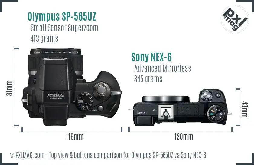 Olympus SP-565UZ vs Sony NEX-6 top view buttons comparison