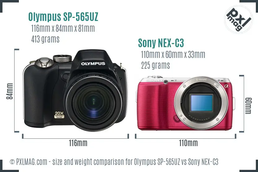 Olympus SP-565UZ vs Sony NEX-C3 size comparison Olympus SP-565UZ vs Sony NEX-C3 size comparison