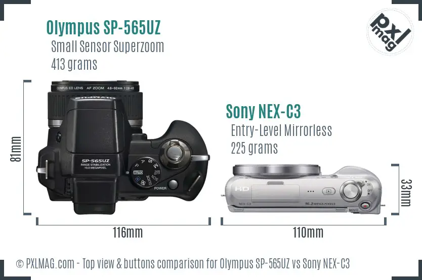 Olympus SP-565UZ vs Sony NEX-C3 top view buttons comparison Olympus SP-565UZ vs Sony NEX-C3 top view buttons comparison