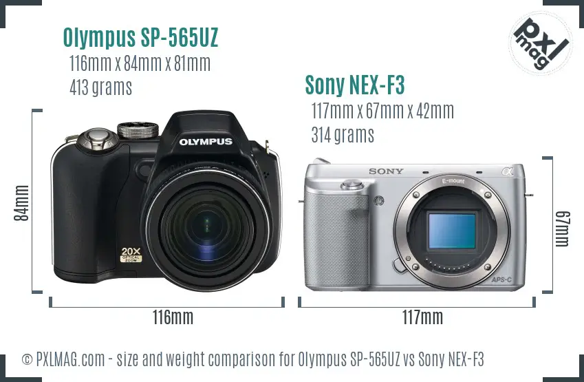Olympus SP-565UZ vs Sony NEX-F3 size comparison