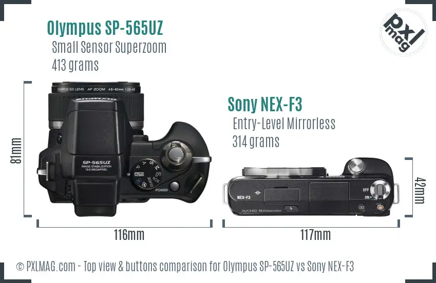 Olympus SP-565UZ vs Sony NEX-F3 top view buttons comparison