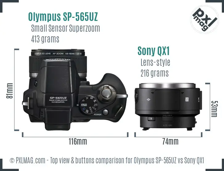 Olympus SP-565UZ vs Sony QX1 top view buttons comparison