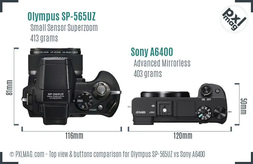 Olympus SP-565UZ vs Sony A6400 top view buttons comparison