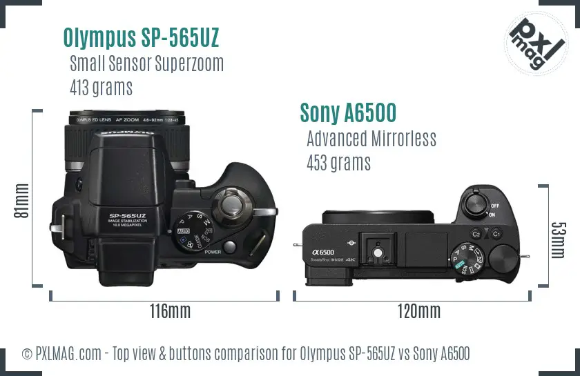 Olympus SP-565UZ vs Sony A6500 top view buttons comparison