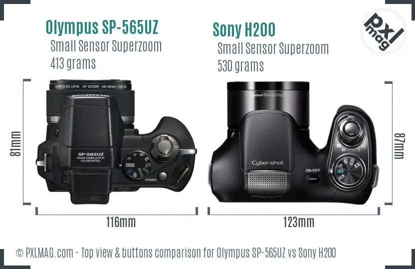 Olympus SP-565UZ vs Sony H200 top view buttons comparison