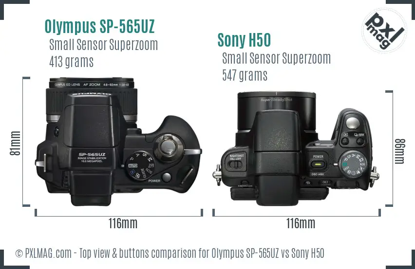 Olympus SP-565UZ vs Sony H50 top view buttons comparison
