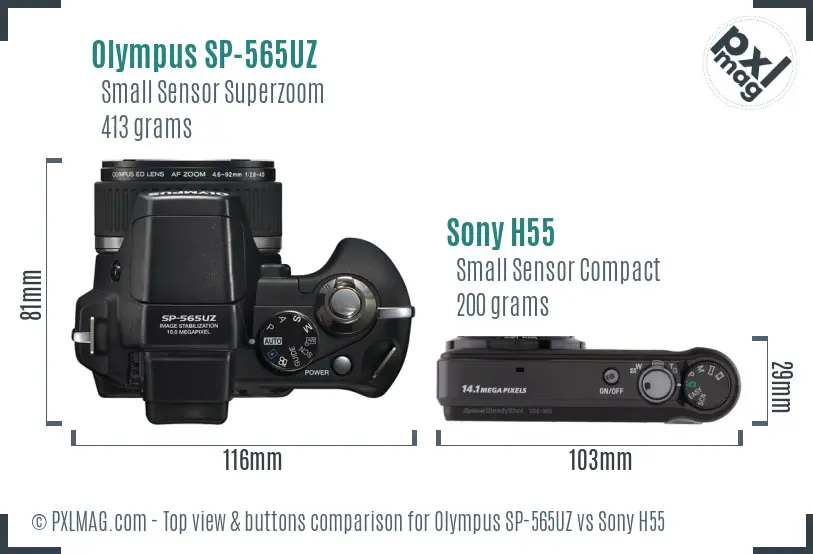 Olympus SP-565UZ vs Sony H55 top view buttons comparison