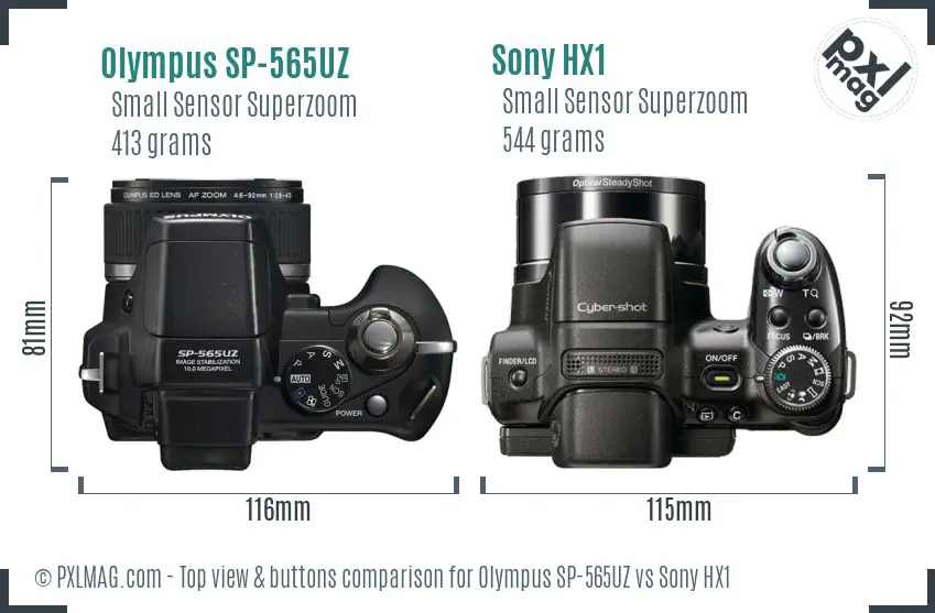 Olympus SP-565UZ vs Sony HX1 top view buttons comparison