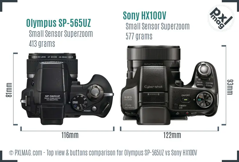 Olympus SP-565UZ vs Sony HX100V top view buttons comparison
