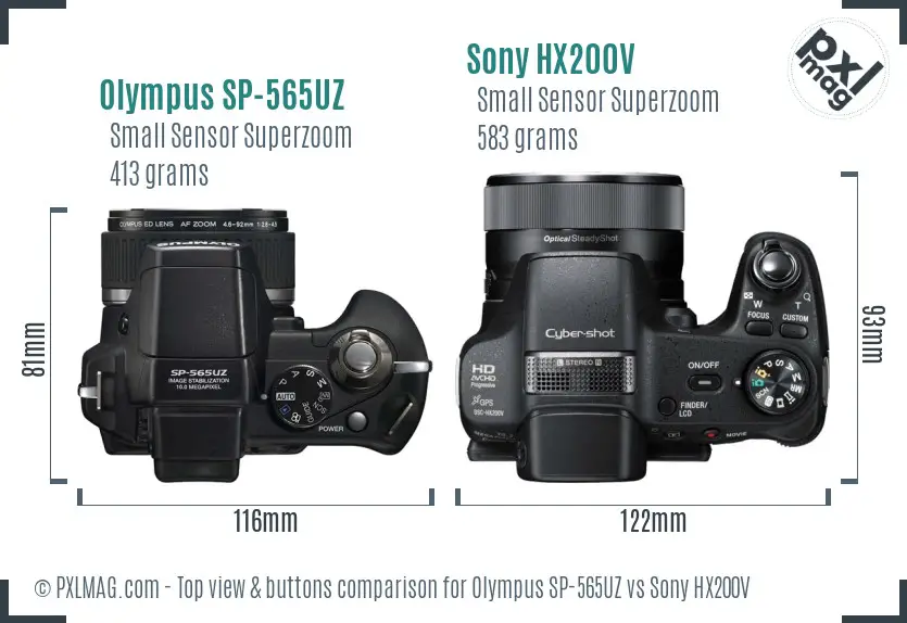 Olympus SP-565UZ vs Sony HX200V top view buttons comparison