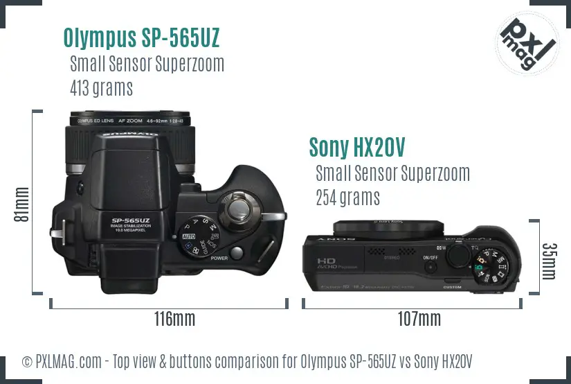 Olympus SP-565UZ vs Sony HX20V top view buttons comparison