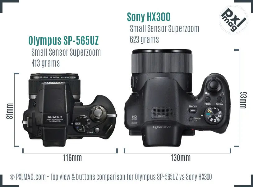 Olympus SP-565UZ vs Sony HX300 top view buttons comparison
