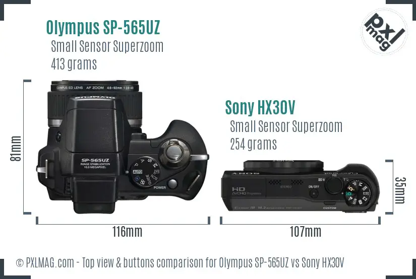 Olympus SP-565UZ vs Sony HX30V top view buttons comparison