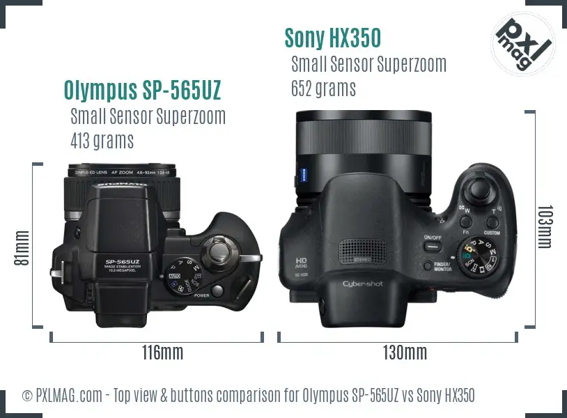 Olympus SP-565UZ vs Sony HX350 top view buttons comparison