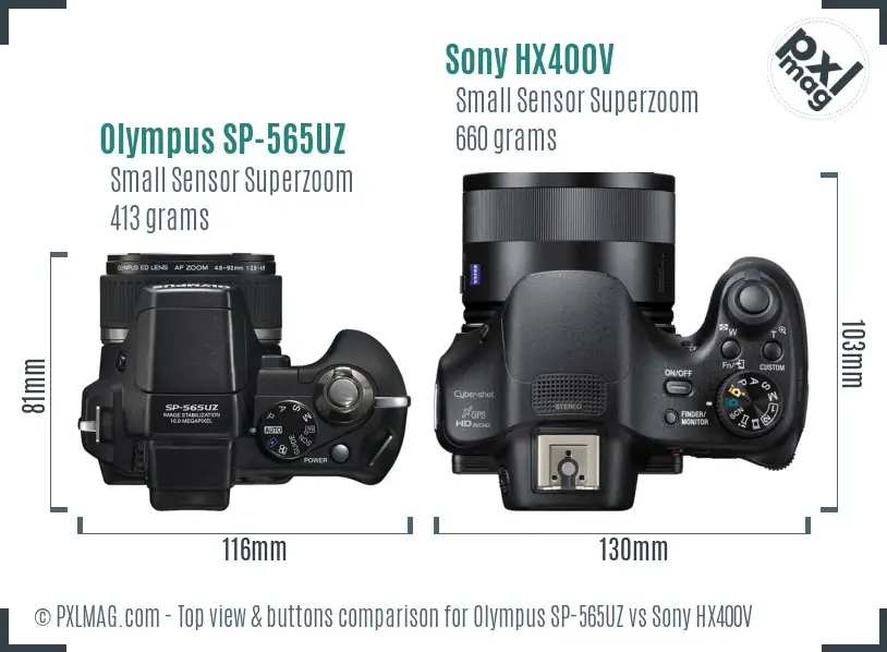 Olympus SP-565UZ vs Sony HX400V top view buttons comparison