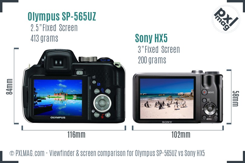 Olympus SP-565UZ vs Sony HX5 Screen and Viewfinder comparison