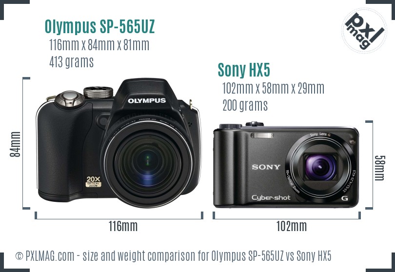 Olympus SP-565UZ vs Sony HX5 size comparison