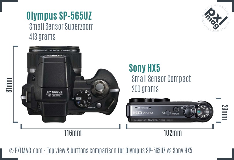 Olympus SP-565UZ vs Sony HX5 top view buttons comparison