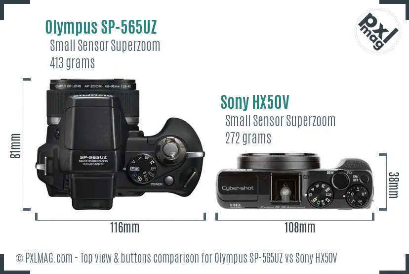 Olympus SP-565UZ vs Sony HX50V top view buttons comparison