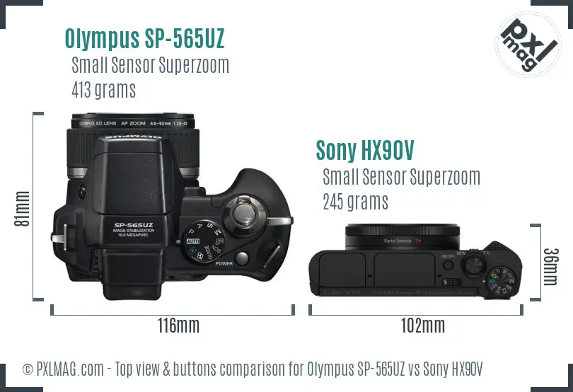 Olympus SP-565UZ vs Sony HX90V top view buttons comparison