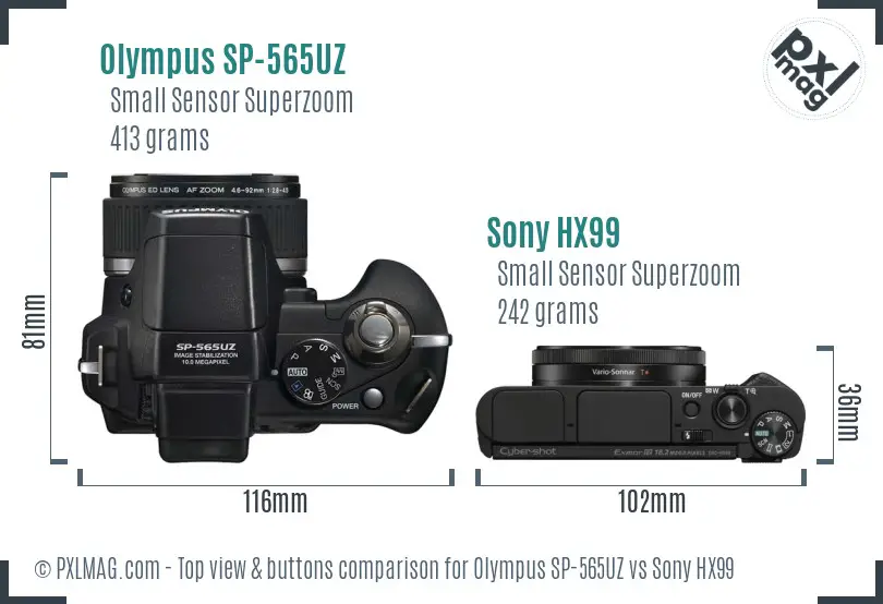 Olympus SP-565UZ vs Sony HX99 top view buttons comparison