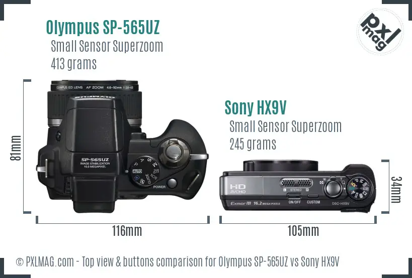 Olympus SP-565UZ vs Sony HX9V top view buttons comparison