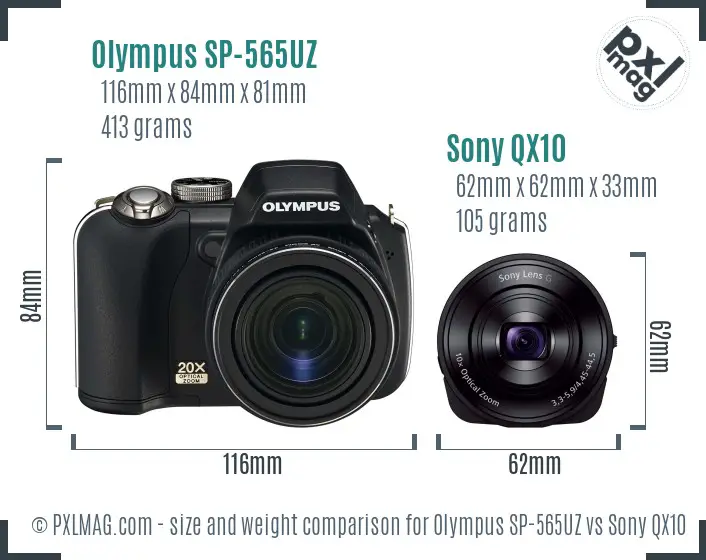 Olympus SP-565UZ vs Sony QX10 size comparison