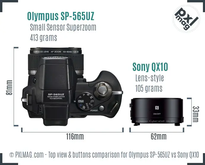 Olympus SP-565UZ vs Sony QX10 top view buttons comparison