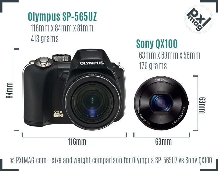 Olympus SP-565UZ vs Sony QX100 size comparison Olympus SP-565UZ vs Sony QX100 size comparison