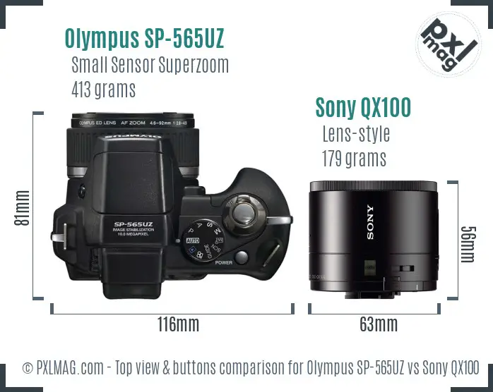 Olympus SP-565UZ vs Sony QX100 top view buttons comparison Olympus SP-565UZ vs Sony QX100 top view buttons comparison