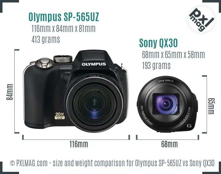 Olympus SP-565UZ vs Sony QX30 size comparison