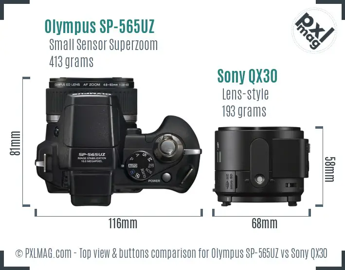 Olympus SP-565UZ vs Sony QX30 top view buttons comparison