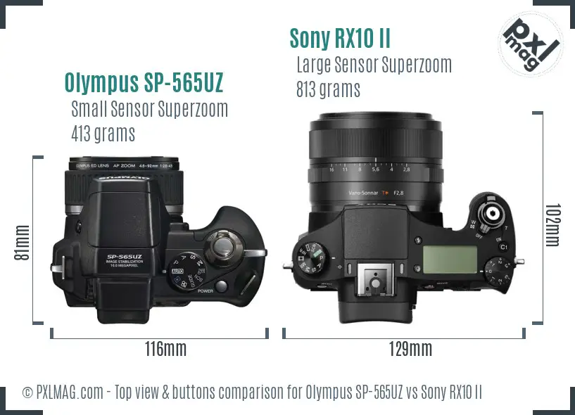 Olympus SP-565UZ vs Sony RX10 II top view buttons comparison