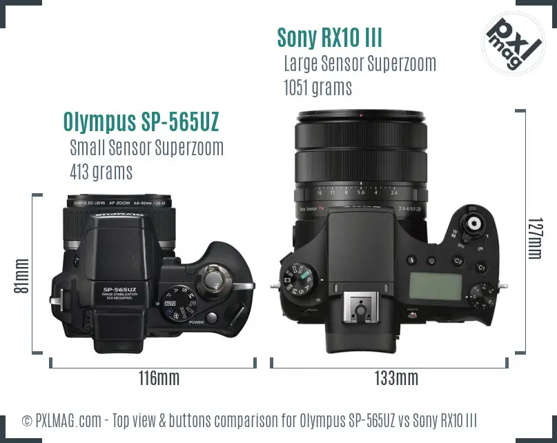 Olympus SP-565UZ vs Sony RX10 III top view buttons comparison
