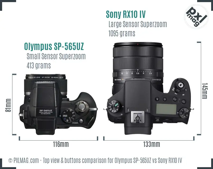 Olympus SP-565UZ vs Sony RX10 IV top view buttons comparison