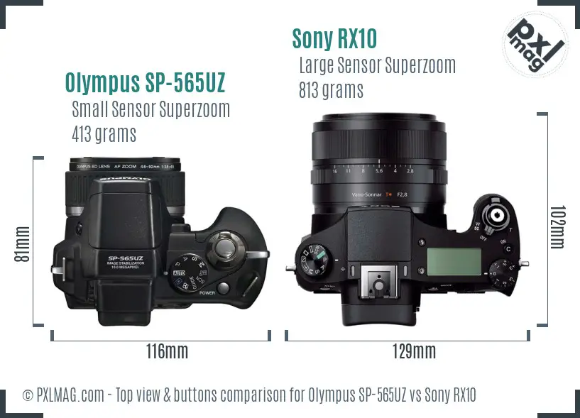Olympus SP-565UZ vs Sony RX10 top view buttons comparison