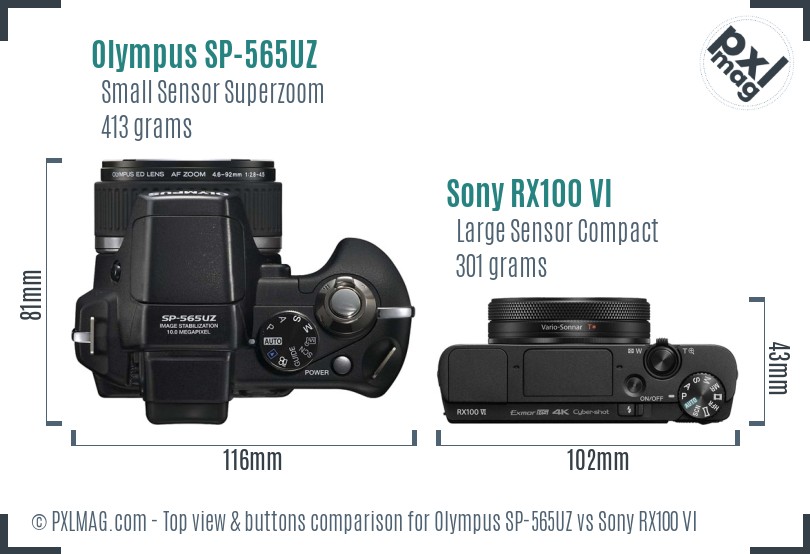 Olympus SP-565UZ vs Sony RX100 VI top view buttons comparison