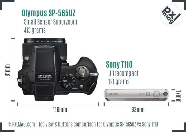 Olympus SP-565UZ vs Sony T110 top view buttons comparison Olympus SP-565UZ vs Sony T110 top view buttons comparison