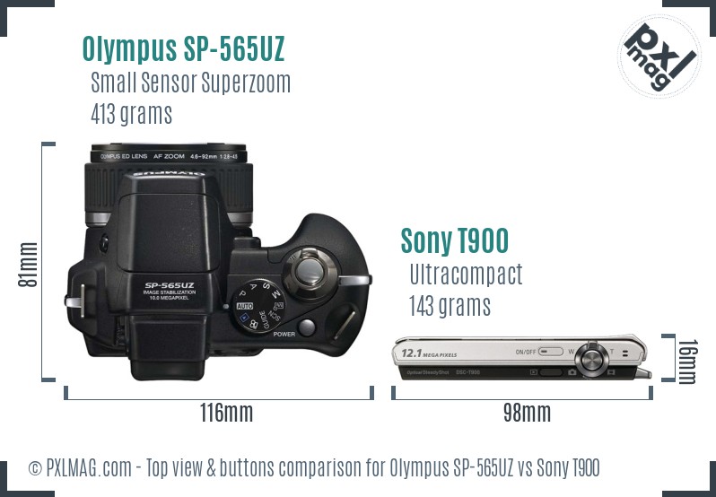 Olympus SP-565UZ vs Sony T900 top view buttons comparison