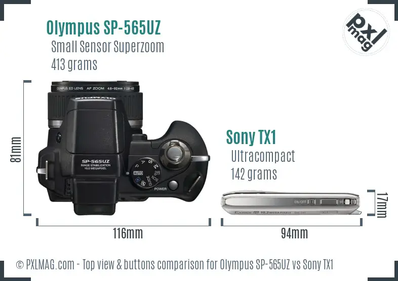 Olympus SP-565UZ vs Sony TX1 top view buttons comparison Olympus SP-565UZ vs Sony TX1 top view buttons comparison