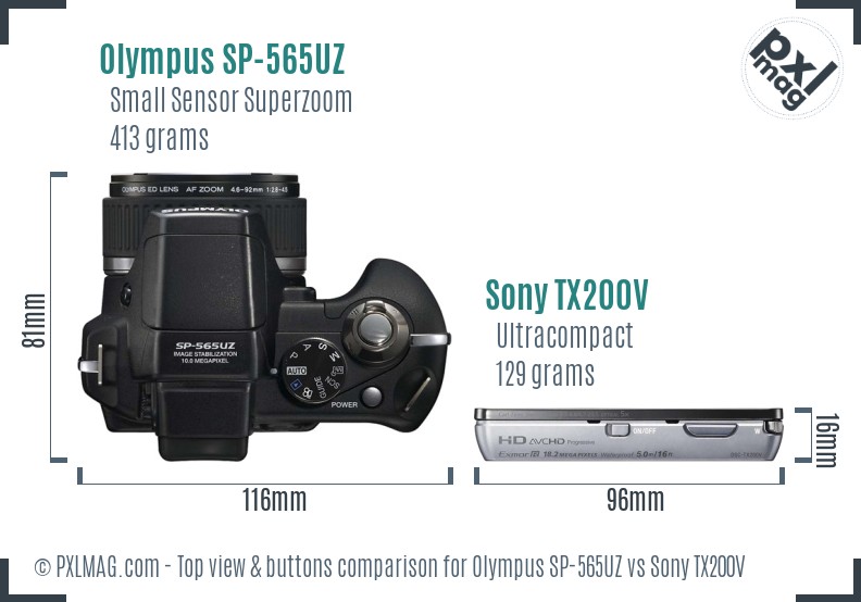 Olympus SP-565UZ vs Sony TX200V top view buttons comparison