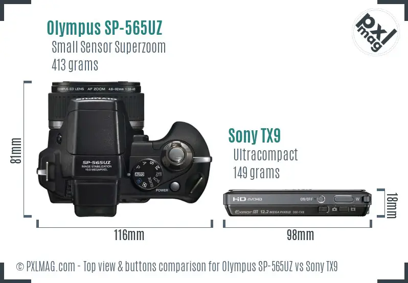 Olympus SP-565UZ vs Sony TX9 top view buttons comparison