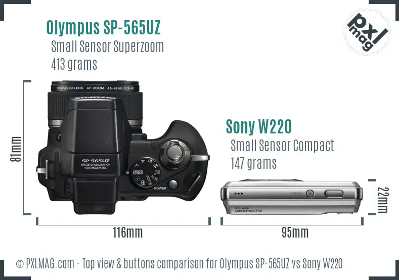 Olympus SP-565UZ vs Sony W220 top view buttons comparison Olympus SP-565UZ vs Sony W220 top view buttons comparison