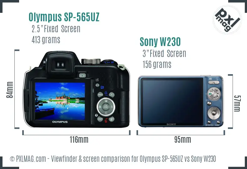 Olympus SP-565UZ vs Sony W230 Screen and Viewfinder comparison