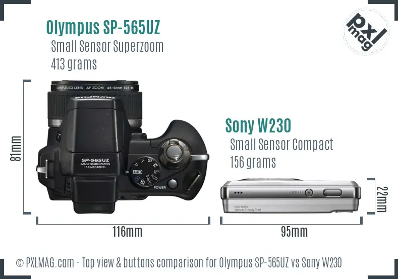 Olympus SP-565UZ vs Sony W230 top view buttons comparison