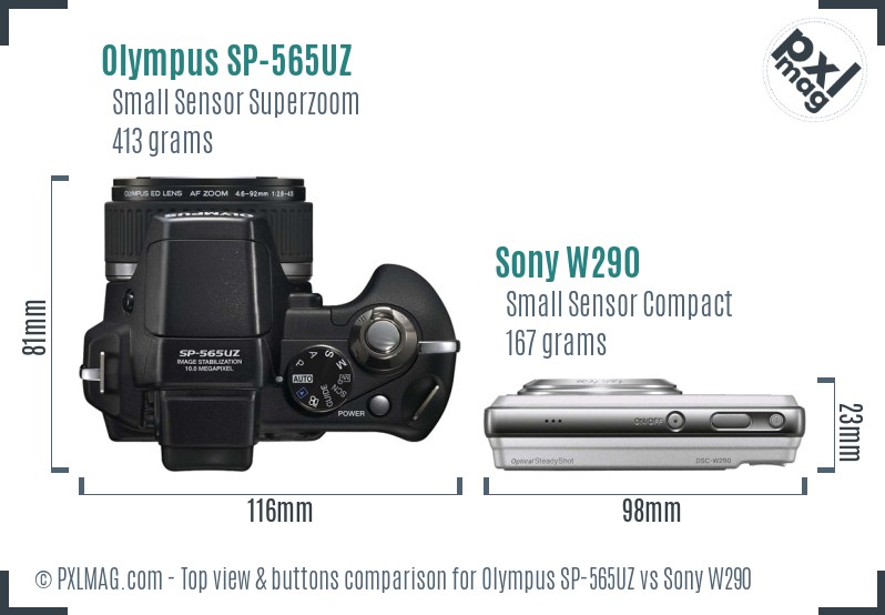Olympus SP-565UZ vs Sony W290 top view buttons comparison
