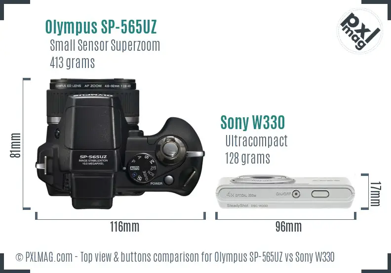 Olympus SP-565UZ vs Sony W330 top view buttons comparison