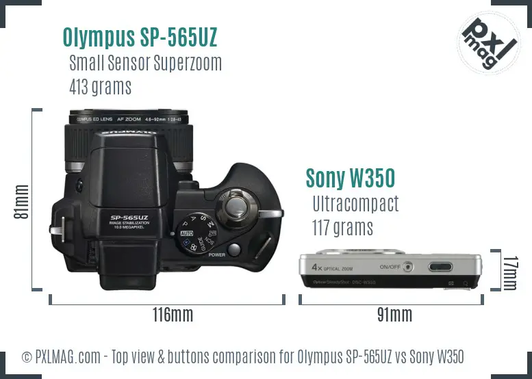 Olympus SP-565UZ vs Sony W350 top view buttons comparison Olympus SP-565UZ vs Sony W350 top view buttons comparison