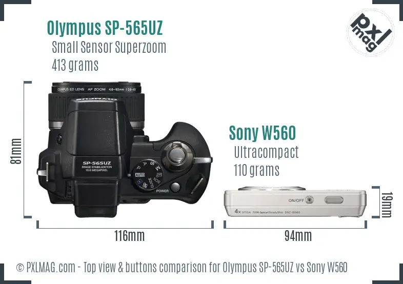 Olympus SP-565UZ vs Sony W560 top view buttons comparison